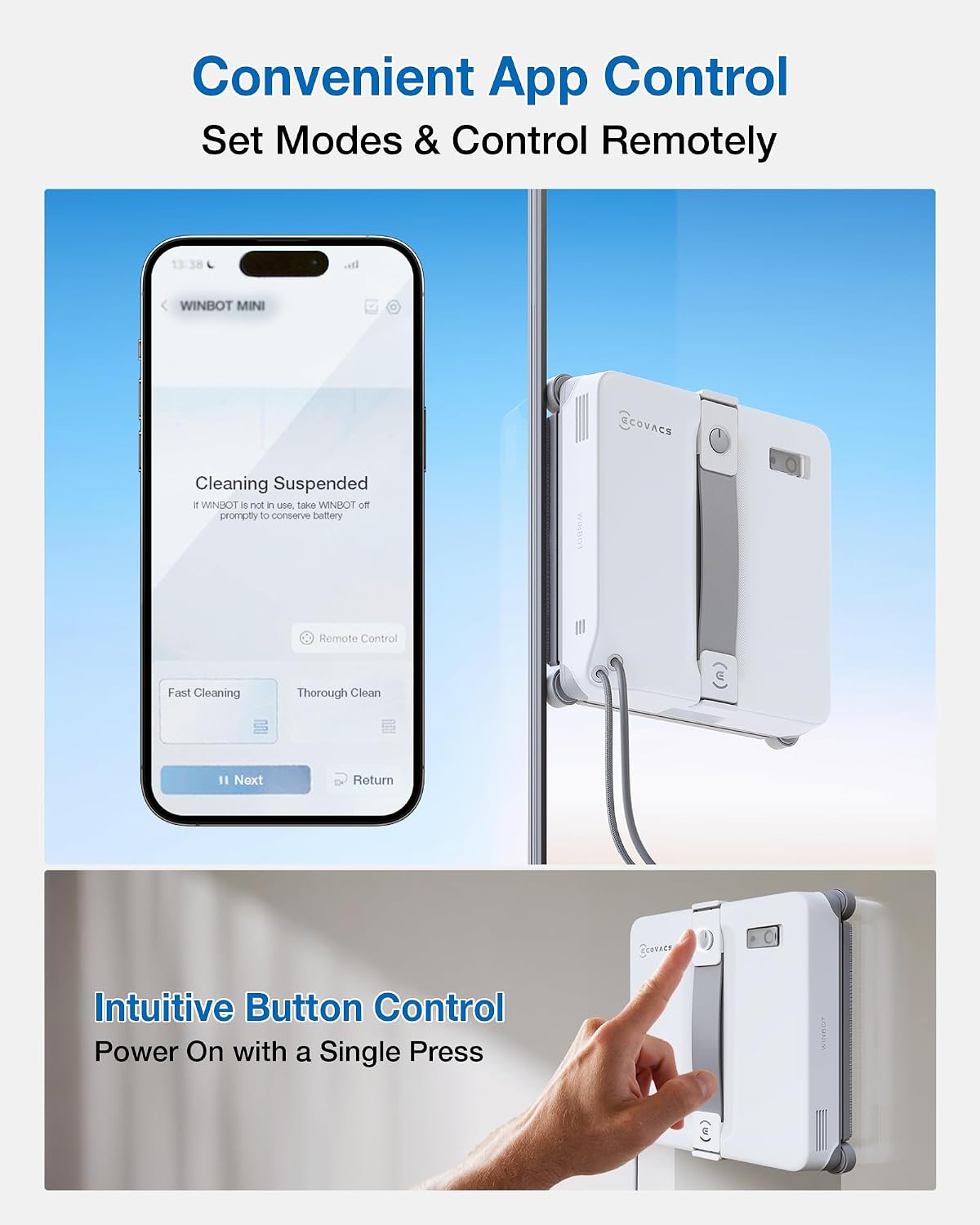 WINBOT mini 2 Automated Window Cleaner - 8000Pa Suction , 30-Minute Power-Off Protection