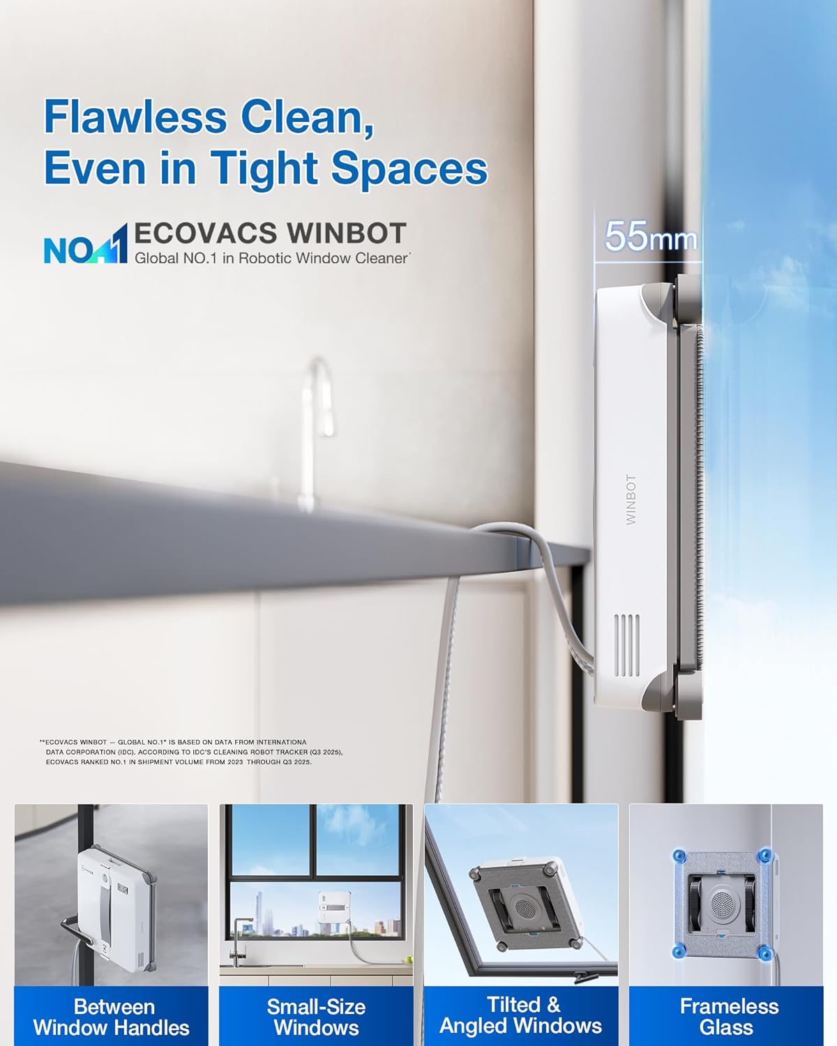 WINBOT mini 2 Automated Window Cleaner -  8000Pa Suction , 30-Minute Power-Off Protection